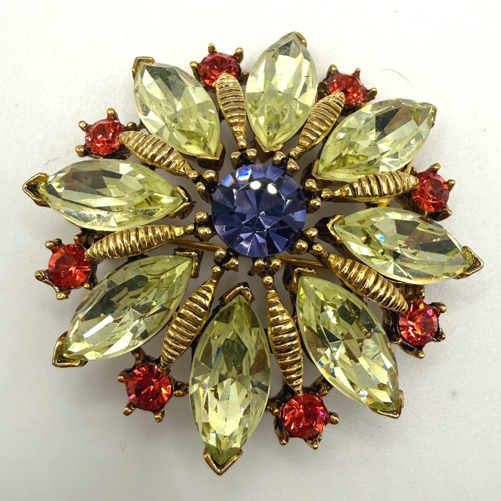 Graziano Brooch Pin Citrine Lavender Red Rhinestone Gold Tone Floral Statement